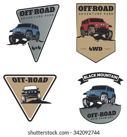 Set of classic off-road suv car emblems, badges and icons. Rock crawler car, off-road adventure and car club design elements. Isolated suv front and side view.