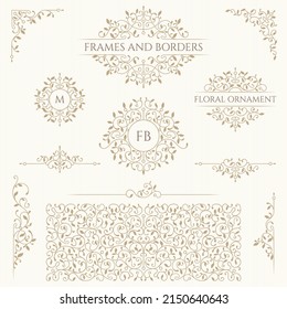 Set von klassischen Zierelementen. Blumenmonogramme und -rahmen, Rahmen, nahtloses Muster für Karten, Einladungen, Menüs, Etiketten. Grafische Design-Seiten, Geschäftszeichen, Boutiquen, Cafés, Hotels.