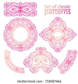 A set of classic patterns. Beautiful graphic elements. Pink color. Elements for design. A rhombus, a circle, a strip, a semicircle, a angle. Vector graphics. Ornament.