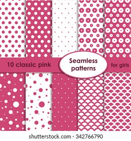 Set of classic pink seamless patterns with dots for girls