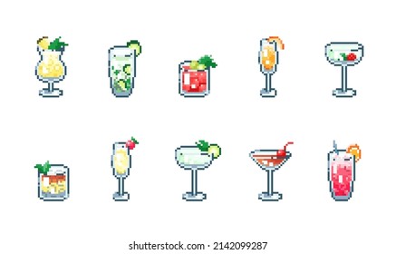 Set of classic  pixel art alcohol cocktails isolated on white background. 8 bit vector gaming assets collection.