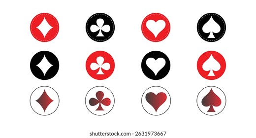 Conjunto de naipes de cartas clássicas em vermelho, preto e gradientes. Ícones, ouros, paus e espadas.