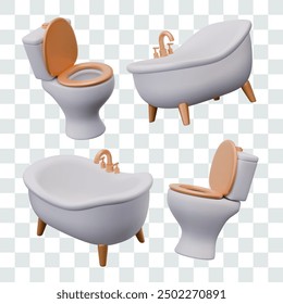 Set of classic plumbing fixtures in realistic style. Bathtub, toilet in different positions