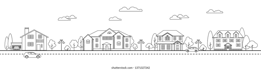 Set classic private houses in suburban street. Line art design style. Residential  buildings, garages, cars  and trees. Landscape design