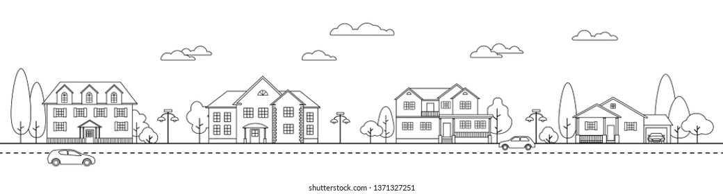 Set classic private houses in suburban street. Line art design style. Residential  buildings, garages, cars  and trees. Landscape design