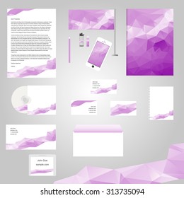 Set classic professional corporate identity template with geometry triangle shapes. Business stationery. Company elements: letter catalog, CD disk, book, business card, lighter, flash card, brochure