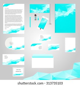 Set classic professional corporate identity template with geometry triangle shapes. Business stationery. Company elements: letter catalog, CD disk, book, business card, lighter, flash card, brochure