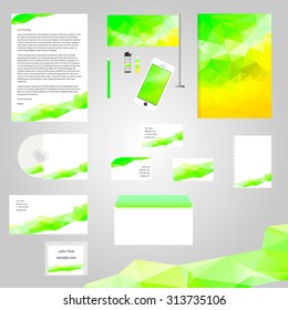 Set classic professional corporate identity template with geometry triangle shapes. Business stationery. Company elements: letter catalog, CD disk, book, business card, lighter, flash card, brochure