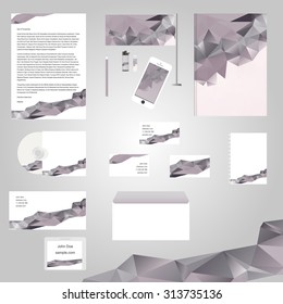 Set classic professional corporate identity template with geometry triangle shapes. Business stationery. Company elements: letter catalog, CD disk, book, business card, lighter, flash card, brochure