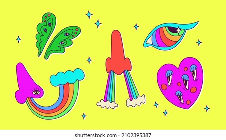 Set of classic psychedelic cartoon elements - nose, rainbow, heart, eyes. Cute vector neon multicolored illustrations for design. Hallucinatory elements, funny and colorful stickers.