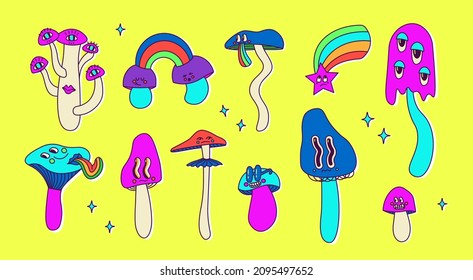 Set of classic psychedelic cartoon mushrooms with faces, eyes, tongues and cheeks. Cute vector neon multicolor illustration for design. Hallucinatory elements, funny and colorful stickers.