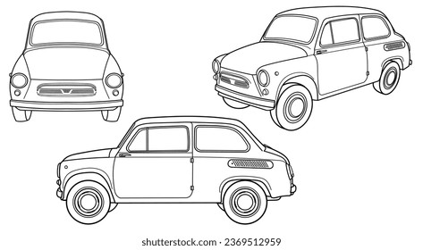 Set of classic retro coupe car of 50s, 60s. Car as jalopy. Side, front, rear view. Outline doodle vector illustration. Automotive concept in vintage sketch style	
