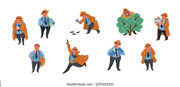 Set of classic retro detective man character in hat search for criminal in different situations. Vector illustration in flat cartoon style.