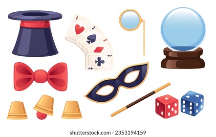 Set of classic retro magic tools - wand, hat, bow,playing card and others simple cartoon design vector illustration isolated on white background