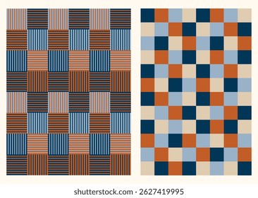 Conjunto de impressões xadrez clássicas, retrô, vintage. quadrados laranja e azul. Padrão contínuo