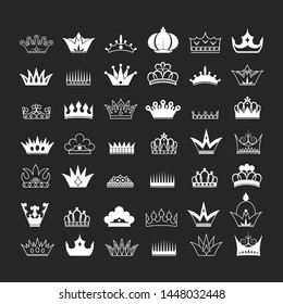 Set of classic royal crown silhouettes and outlines. Imperial heraldic symbols. Exclusive premium branding kings and queens elements.