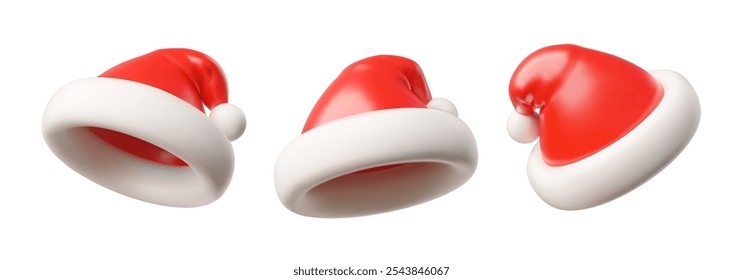 Set of classic Santa Claus hats from different angles. 3d. Render. Realistic head accessory. Red hat with white fur and pom pom. Vector illustration isolated on white background.