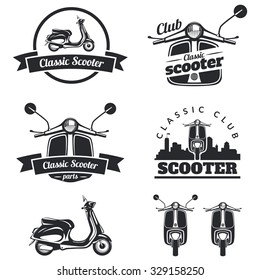 Set of classic scooter emblems, icons and badges. Urban, street scooter illustrations and graphics. Isolated scooter front and side view.