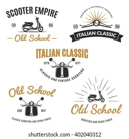 Set of classic scooter emblems, icons and badges. Urban, street scooter illustrations and graphics. Isolated scooter front and side view.