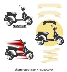 Set of classic scooter emblems, icons and badges. Urban, street scooter illustrations and graphics. Isolated scooter front and side view.