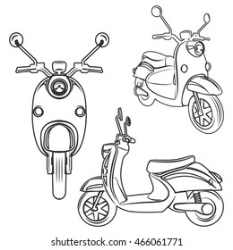 Set of classic scooter emblems, icons and badges. Urban, street scooter illustrations and graphics. Isolated scooter front and side view.