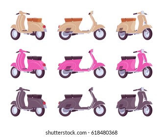 Set of classic scooters in beige, pink, black colors. Transport for urban journey, city discovery, fun or fast delivery, isolated on white background, different positions