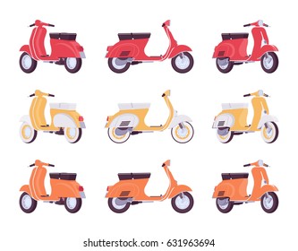 Set of classic scooters in red, yellow, orange colors. Transport for urban journey, city discovery, fun or fast delivery, isolated on white background, different positions