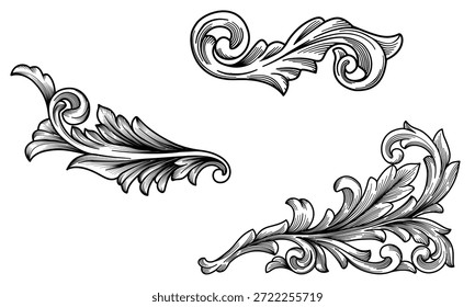 Set of Classic scroll engraved ornament, Vintage border decorative element vector illustration