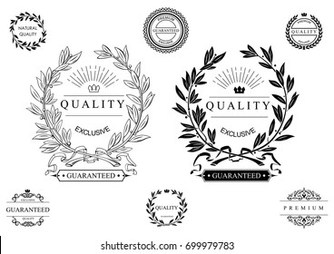 Set of classic seals, emblems and wreaths with a round composition. Signs and symbols of certificates of quality. Vector graphics