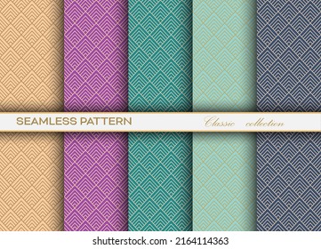 conjunto de patrones decorativos clásicos sin costura con una rejilla de apertura dorada de formas arbitrarias para texturas, textiles, antecedentes simples y diseño creativo
