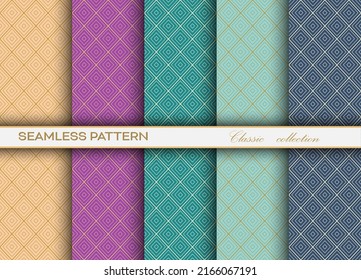 set of classic seamless decorative patterns with a golden openwork grid of arbitrary shapes for texture, textiles, simple backgrounds and creative design