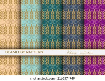 set of classic seamless decorative patterns with a golden openwork grid of arbitrary shapes for texture, textiles, simple backgrounds and creative design