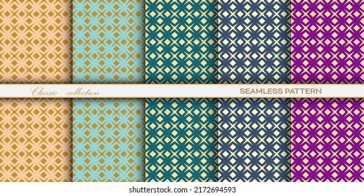 set of classic seamless decorative patterns with a golden openwork grid of arbitrary shapes for texture, textiles, simple backgrounds and creative design