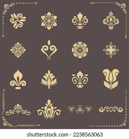 Set of classic seamless vector patterns. Collection of brown and yellow orient ornaments. Classic vintage backgrounds. Orient patterns