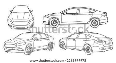 Set of classic sedan car. Different five view shot - front, rear, side and 3d. Outline doodle vector illustration