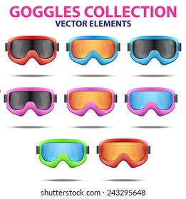 Set of Classic snowboard ski goggles with colorful glass. Vector isolated on white background