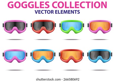Set of Classic snowboard ski goggles with colorful glass. Vector isolated on white background