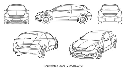 Set of classic sport coupe car. Different five view shot - front, rear, side and 3d. Outline doodle vector illustration