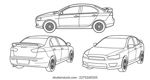 Juego de coches deportivos clásicos sedán. Diferentes disparos de cinco vistas: frontal, posterior, lateral y 3d. Ilustración del vector del doodle de contorno	
