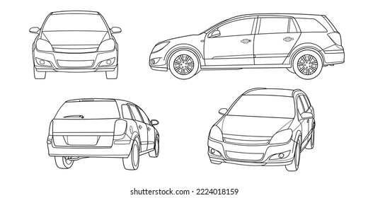 Set of classic station wagon. Different view shot - front, rear, side and 3d. Outline doodle vector illustration