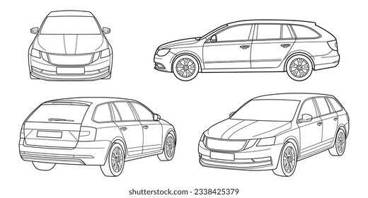 Set of classic station wagon. Different five view shot - front, rear, side and 3d. Outline doodle vector illustration	
