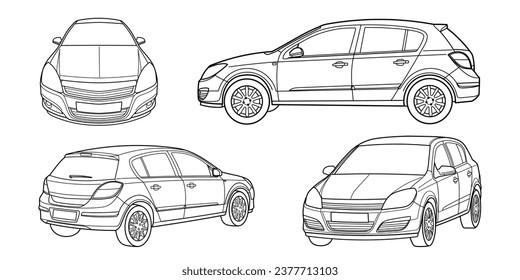 Set von klassischem Kombi oder Luke-back. Verschiedene 5-Ansicht Aufnahme - vorne, hinten, Seite und 3d. Rahmendoodle, Vektorgrafik	
