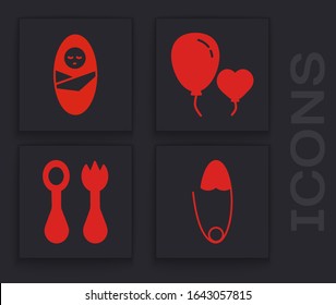 Set Classic steel safety pin, Newborn baby infant swaddled, Balloons in form of heart and Baby cutlery with fork and spoon icon. Vector