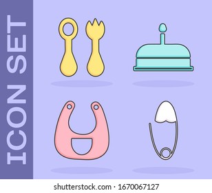 Set Classic steel safety pin, Baby cutlery with fork and spoon, Baby bib and Cake with burning candles icon. Vector