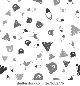 Set Classic steel safety pin, Teddy bear plush toy, Pyramid toy and Baby stroller on seamless pattern. Vector