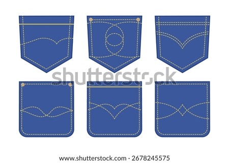 Set of classic stitched jeans pockets. Denim pocket patches isolated on white background. Vector illustration