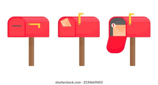 Conjunto de buzones de calle clásicos en estilo de dibujos animados sobre un fondo aislado blanco. Buzones rojos. Cerrado y con la carta entregada. Símbolo de entrega rápida de paquetes. Post día