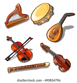 A set of classic strings, percussion and wind musical instruments isolated on white background. Vector illustration.