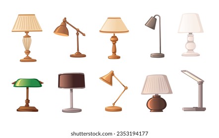 Set of classic style retro and modern desk lamps with flexible arms and with monolithic stand vector illustration isolated on white background