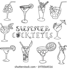 Set of classic summer cocktails. Cocktail glasses of various shapes and configurations. Hand drawn black and white doodles. Vector illustration